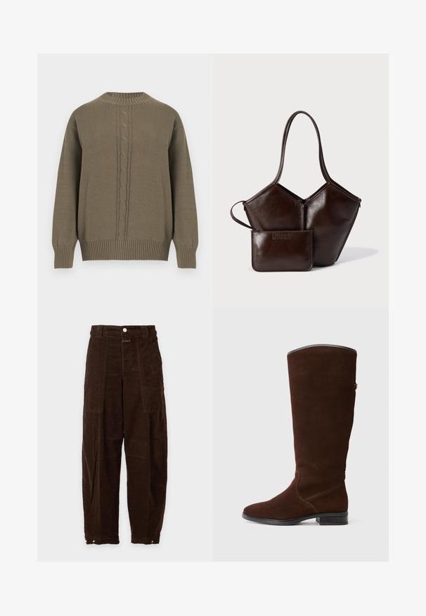 Pull en maille vert olive avec col rond, poignets et ourlet côtelés, présentant un motif torsadé central sur le devant.; Pantalon large en velours côtelé marron foncé, taille haute, poches plaquées à l'avant, fermeture par bouton et poignets réglables à pressions aux chevilles.; Botte haute en daim marron, avec un embout arrondi, des détails de couture subtils et un petit talon carré. Doublure lisse au bord supérieur.; Sac à main en cuir marron foncé avec double anse, accompagné d'une pochette rectangulaire assortie avec un bracelet.