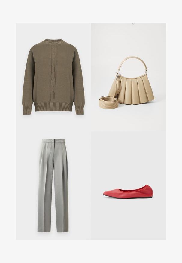 Pull en maille vert olive avec col rond, poignets et ourlet côtelés, présentant un motif torsadé central sur le devant.; Pantalons tailleur gris clair avec une texture lisse, dotés de plis à l'avant, d'une coupe évasée et d'une taille ajustée.; Filippa K REY FLATS - Ballerines - bright red; Lacoste LENGLEN BAG - Sac à main - viennois