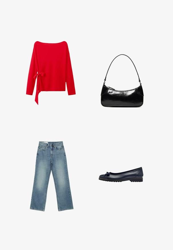 Rød langærmet sweater med bred halsudskæring og en bundet sløjfe på venstre side nær taljen.; Lyseblå cowboybukser med høj talje, lige vide ben, frontknap, lynlåslukning og design med fem lommer.; Mørkeblå læder balletflade med en lille sløjfedetalje, rund tå og struktureret sål med en lav hæl.; Sort, blank skuldertaske i læder med et enkelt rum med lynlås og en tynd rem buet i en bueform.
