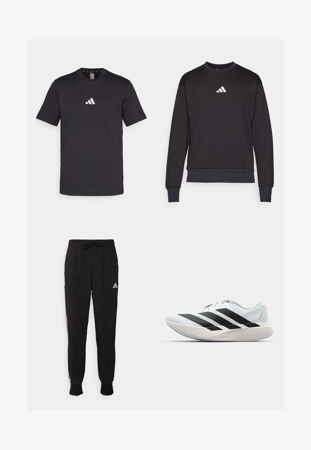 Čierna mikina s dlhými rukávmi, rebrovanými manžetami a lemom; na hrudi sa nachádza biele logo Adidas, vyrobená z mäkkej, textúrovanej tkaniny.; Čierne bavlnené tričko s krátkymi rukávmi, s bielym logom Adidas na hrudi. Klasický dizajn s okrúhlym výstrihom.; Čierne športové nohavice z mäkkej tkaniny, s pásom na šnúrku a bielymi bočnými pruhmi. Elastické manžety pri členkoch.; Biela bežecká topánka s tromi veľkými čiernymi pruhmi na boku a hrubou zakrivenou podrážkou označenou Lightstrike Pro.