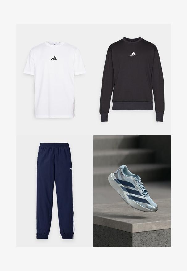 Sort sweatshirt med lange ærmer, ribbede manchetter og kant; har et hvidt Adidas-logo på brystet, fremstillet af blødt, tekstureret stof.; Hvid bomulds T-shirt med et lille sort trekantet logo på brystet, korte ærmer og rund halsudskæring. Enkel og klassisk design.; Mørkeblå træningsbukser lavet af letvægtsstof med hvide striber på siderne, elastisk taljebånd og lille logo.; Lyseblå og sølvfarvet løbesko med mørkeblå striber, som svæver over en betonrepose med slørede trin i baggrunden.