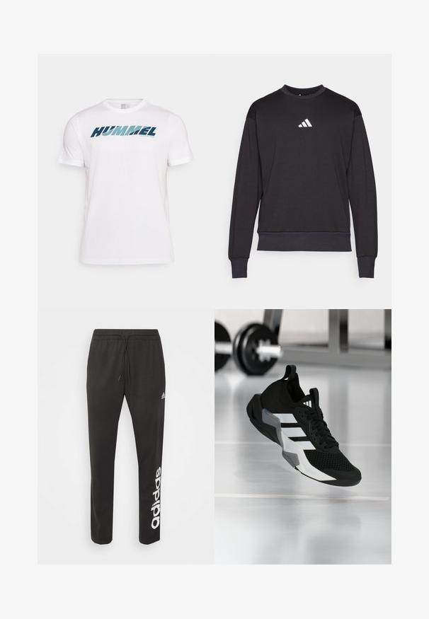 Sudadera negra con mangas largas, puños y dobladillo acanalados; presenta un logo blanco de Adidas en el pecho, fabricada en una suave tela texturizada.; Camiseta deportiva blanca de manga corta con logo azul "HUMMEL" y pequeño texto "ACTIVE SPORTSWEAR" en el pecho, fondo liso.; Pantalones atléticos negros de mezcla de algodón, con una cinturilla elástica con cordón y el logo blanco de "adidas" impreso en la pierna izquierda.; Zapato deportivo negro con parte superior de malla, franjas blancas y detalles grises. Cuenta con un cuello acolchado y suela de goma. Adecuado para usar en el gimnasio.