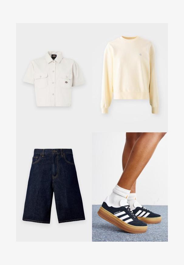 Sudadera amarilla clara de manga larga, con cuello redondo, puños acanalados y un pequeño logo en el pecho. Fabricada con un tejido suave y texturizado.; Camisa blanca de algodón de manga corta y cropped, con dos bolsillos en el pecho, cierre frontal de botones y un parche con logo en el bolsillo izquierdo.; Pantalones cortos de mezclilla azul oscuro con corte recto, que cuentan con un diseño clásico de cinco bolsillos y costuras doradas en contraste.; Piernas con calcetines blancos y zapatillas Adidas Gazelle negras con rayas blancas y suelas marrones gruesas sobre un suelo alfombrado gris.