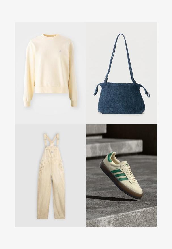 Sudadera amarilla clara de manga larga, con cuello redondo, puños acanalados y un pequeño logo en el pecho. Fabricada con un tejido suave y texturizado.; Overol de mezclilla en un tono beige claro, con un bolsillo cuadrado, tirantes ajustables, botones de presión en el lateral y corte de pierna ancha.; Zapatilla de color crema con detalles en verde, tres rayas verdes, suela de goma texturizada y diseño clásico con cordones. Logo "Samba" en el lateral.; Bolso de hombro de mezclilla azul oscuro con extremos de correa anudados y forma rectangular simple sobre un fondo blanco.