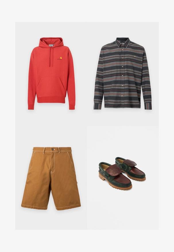 Sweat à capuche rouge avec cordon de serrage, poche kangourou, poignets côtelés et logo jaune sur la poitrine. Fabriqué en tissu doux avec une texture lisse.; Chemise à manches longues pour homme, à boutons, avec des rayures horizontales en noir, marron, gris et rouille, dotée d'une poche poitrine et d'un col classique.; Shorts marron jusqu'aux genoux avec poches avant, passants pour ceinture, fermeture à boutons et coutures blanches visibles sur un fond clair.; Chaussures en cuir avec un corps vert foncé, un dessus bordeaux, un bout rond, un rabat sécurisé et une semelle en caoutchouc texturée avec des rainures.