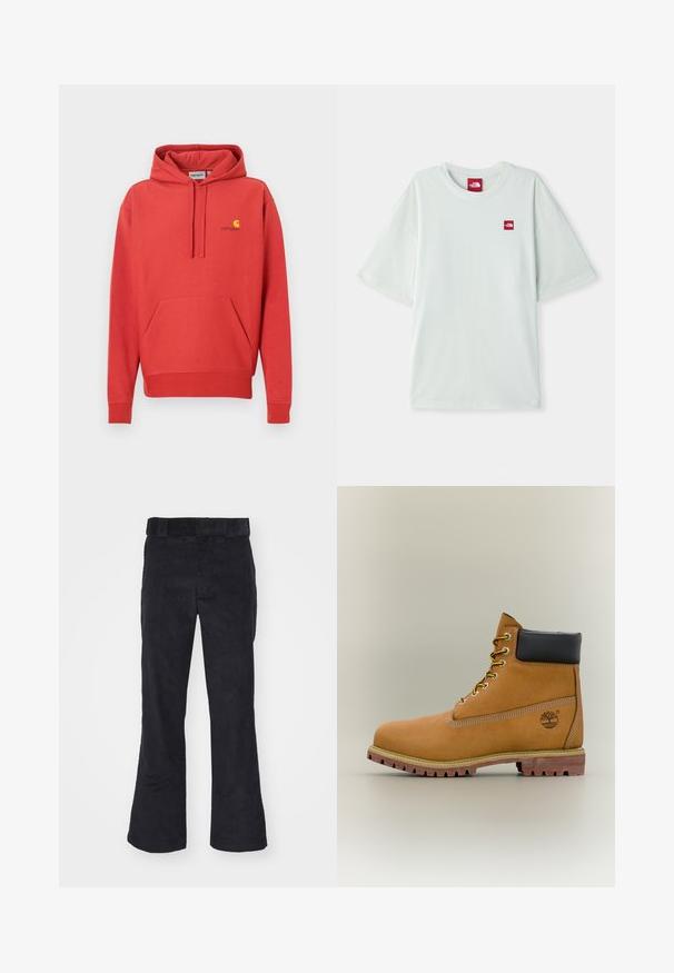 Sudadera con capucha roja con cordón, bolsillo tipo canguro, puños acanalados y un logo amarillo en el pecho. Hecha de tela suave con una textura lisa.; Camiseta de manga corta verde claro hecha de algodón suave, con una pequeña etiqueta de logo rojo en el área del pecho izquierdo. Corte relajado y escote redondo.; Pantalones de pana negros con un corte relajado, que presentan una cinturilla clásica y piernas acampanadas, textura suave y sin patrones o acentos visibles.; Bota de tobillo de cuero marrón con cuello negro, cordones amarillos y suela beige. Presenta un logotipo y detalles de costura blanca. Suela exterior con tracción robusta.