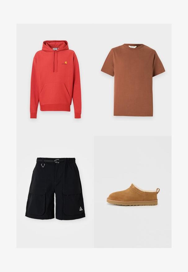 Sudadera con capucha roja con cordón, bolsillo tipo canguro, puños acanalados y un logo amarillo en el pecho. Hecha de tela suave con una textura lisa.; Camiseta marrón de manga corta y cuello redondo, hecha de algodón suave, con un diseño liso sin patrones ni adornos visibles.; Bermudas de cargo negras con cinturilla elástica, cinturón integrado, grandes bolsillos laterales y logo ACG en triángulo en la pierna derecha.; Zapato marrón de ante tipo slip-on con un suave forro interior de piel blanca, punta redondeada y suela de goma con pequeños patrones de tracción.
