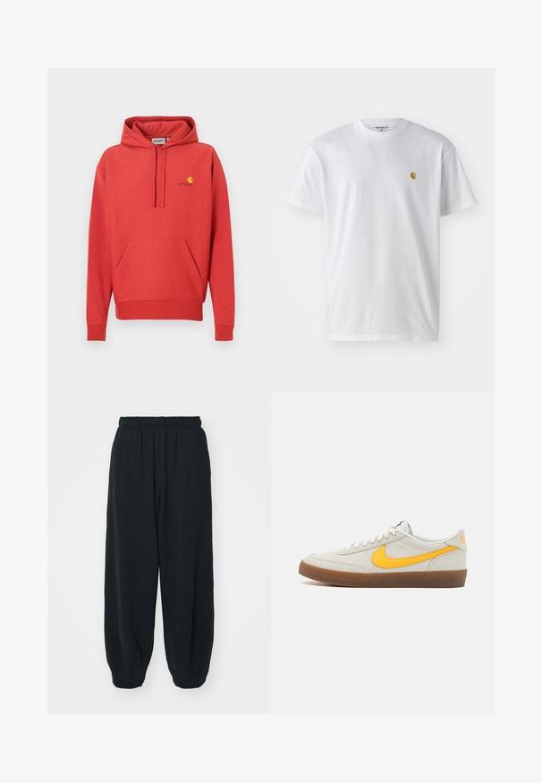 Roter Kapuzenpullover mit Kordelzugkapuze, Kängurutasche, gerippten Bündchen und einem gelben Logo auf der Brust. Hergestellt aus weichem Stoff mit glatter Textur.; Weißes Baumwoll-T-Shirt mit kurzen Ärmeln, Rundhalsausschnitt, mit einem kleinen goldenen Logo im linken Brustbereich. Weicher Stoff und normale Passform.; Schwarze Sweatpants mit elastischem Bund, lockerer Passform, gerippten Beinabschlüssen, glatter Textur und ohne sichtbare Muster oder Hardware-Akzente.; Nike Sneaker aus hellgrauem Wildleder mit einem gelben Swoosh, weißen Schnürsenkeln und einer braunen Gummisohle. Mit strukturiertem Finish und gepolstertem Kragen.