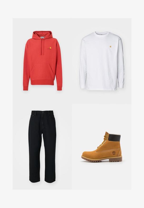 Rød hættetrøje med snøre i hætten, kængurulomme, ribbede manchetter og et gult logo på brystet. Fremstillet af blødt stof med en glat tekstur.; Hvid langærmet t-shirt lavet af bomuld. Har et lille gyldent logo på brystet og en rund halsudskæring. Enkel design og standard pasform.; Sorte denim jeans med lige snit, letvægts stof, fem-lomme design og en knaplukning i taljen.; Brune læder ankelstøvle med metaløjer, hvid pelsforing, sort polstret krave, robust sål og præget logo på siden.