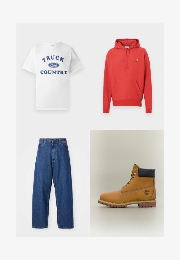 Rode hoodie met een capuchon met trekkoord, een kangoeroezak, geribde manchetten en een geel logo op de borst. Gemaakt van zachte stof met een gladde textuur.; Witte katoenen t-shirt met blauwe bedrukte tekst "TRUCK COUNTRY" en een blauw ovale "Ford" logo in het midden. Korte mouwen en ronde hals.; Denim wijde broek in donkerblauw. Kenmerken zijn een hoge taille, riemlussen en een klassiek vijf-pocket ontwerp. Gestikte zoom met een schone afwerking.; Bruine leren enkellaars met zwarte kraag, gele veters en een zandkleurige zool. Voorzien van een logo en witte stikseldetails. Robuuste loopzool met grip.