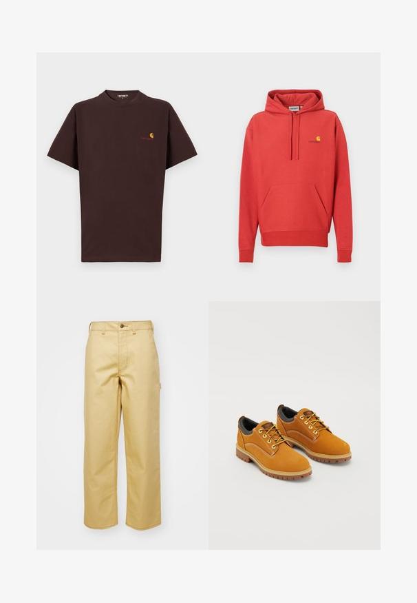 Sweat à capuche rouge avec cordon de serrage, poche kangourou, poignets côtelés et logo jaune sur la poitrine. Fabriqué en tissu doux avec une texture lisse.; T-shirt en coton marron à manches courtes, col rond, logo sur la poitrine gauche en orange et rouge, ourlet droit et coupe décontractée.; Pantalons larges beiges en coton avec une fermeture à bouton à l'avant, des passants de ceinture et des poches latérales. Texture lisse avec des détails de coutures visibles.; Chaussures en daim marron avec un bout rond, des lacets jaunes, un col rembourré noir et des semelles en caoutchouc avec des rainures de traction.