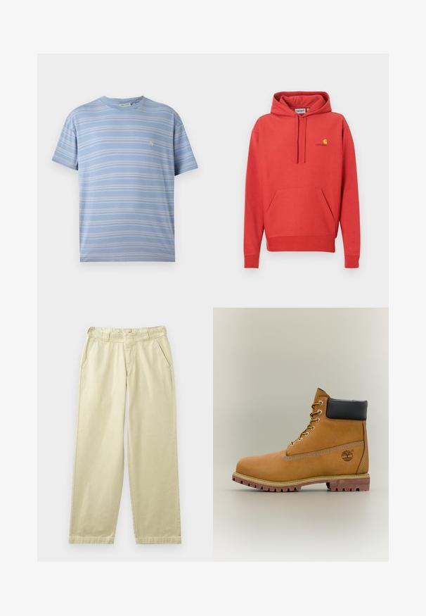 Roter Kapuzenpullover mit Kordelzugkapuze, Kängurutasche, gerippten Bündchen und einem gelben Logo auf der Brust. Hergestellt aus weichem Stoff mit glatter Textur.; Hellblau gestreiftes T-Shirt mit horizontalen weißen Streifen, Rundhalsauschnitt und einem kleinen rosa Logo auf der linken Brustseite. Weicher Baumwollstoff.; Beige Baumwollhosen mit lockerem Schnitt, ausgestattet mit Seitentaschen, Gürtelschlaufen und geraden Beinen. Glatte Textur mit minimalen Nahtdetails.; Brauner Leder-Stiefelette mit schwarzem Kragen, gelben Schnürsenkeln und hellbrauner Sohle. Verfügt über ein Logo und weiße Ziernähe. Robuste Profilsohle.