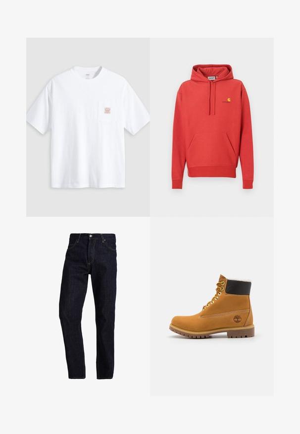 Rode hoodie met een capuchon met trekkoord, een kangoeroezak, geribde manchetten en een geel logo op de borst. Gemaakt van zachte stof met een gladde textuur.; Witte T-shirt met korte mouwen en ronde hals, met een klein borstzakje aan de voorkant met een beige en rood rechthoekig label.; Donkerblauwe spijkerbroek met een rechte pasvorm, voorzien van gele stiksels, vijf zakken en een klassieke knoop- en ritsluiting.; Bruine leren enkellaars met metalen oogjes, witte faux bont voering, zwarte gewatteerde kraag, robuuste zool en een reliëflogo aan de zijkant.