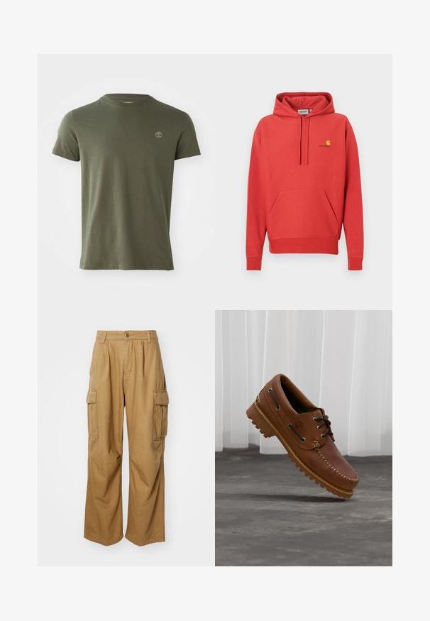 Rode hoodie met een capuchon met trekkoord, een kangoeroezak, geribde manchetten en een geel logo op de borst. Gemaakt van zachte stof met een gladde textuur.; Olijf groene katoenen t-shirt met een ronde hals, korte mouwen en een klein geborduurd logo op de borst. Soepele textuur, klassieke pasvorm.; Tan cargobroeken met een rechte pijpdesign, voorzien van twee zijzakken en een knoopsluiting. Gemaakt van een zachte, duurzame stof.; Bruine leren bootschoen met zwarte veters, beige stiksel en een robuuste zool, zwevend boven een grijze betonnen vloer.