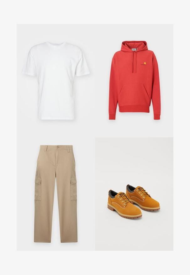 Sweat à capuche rouge avec cordon de serrage, poche kangourou, poignets côtelés et logo jaune sur la poitrine. Fabriqué en tissu doux avec une texture lisse.; T-shirt en coton blanc à manches courtes, encolure ronde et texture lisse. Design simple sans motifs ni graphiques.; Pantalon cargo beige à jambes droites avec fermeture à boutons, passants pour ceinture, poches avant et poches à rabat sur les deux cuisses.; Chaussures en daim marron avec un bout rond, des lacets jaunes, un col rembourré noir et des semelles en caoutchouc avec des rainures de traction.