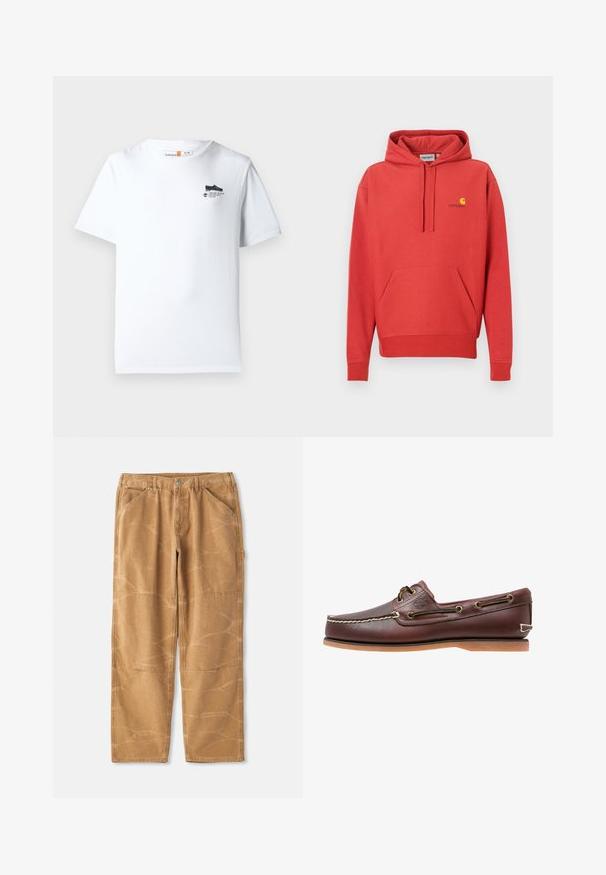 Sudadera con capucha roja con cordón, bolsillo tipo canguro, puños acanalados y un logo amarillo en el pecho. Hecha de tela suave con una textura lisa.; Camiseta de algodón blanca con cuello redondo, mangas cortas y un pequeño gráfico negro en el pecho. Textura suave y corte estándar.; Pantalones de algodón color beige con un corte holgado, que presentan costuras visibles, detalles de parches y una textura ligeramente arrugada.; Zapato náutico de cuero marrón con costuras blancas, detalles de cordones y suela de goma color coñac, mostrado de lado sobre un fondo blanco.