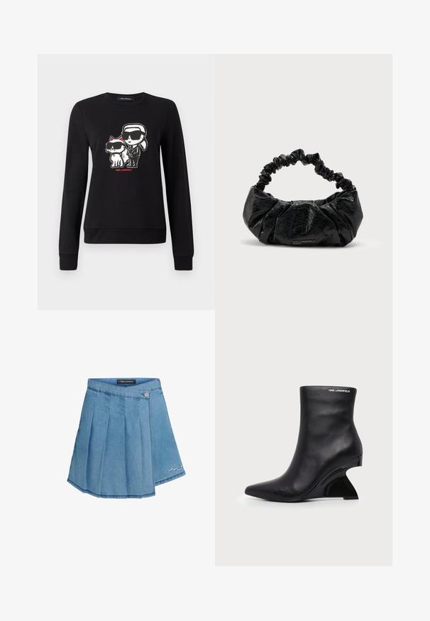 Sudadera negra con un gráfico de un personaje y un gato con gafas de sol en estilo caricatura. Tejido suave, mangas largas, puños y dobladillo acanalados.; Falda de mezclilla en azul claro con diseño plisado, cierre de botón metálico y detalle bordado en el dobladillo. Textura suave y forma de línea A.; Botín negro de cuero con tacón curvado y esculpido y logo de Karl Lagerfeld cerca del borde superior sobre un fondo blanco.; Bolso de mano de cuero negro texturizado con asa elástica fruncida y sutil logo "Karl Lagerfeld Jeans" en el centro inferior delantero.