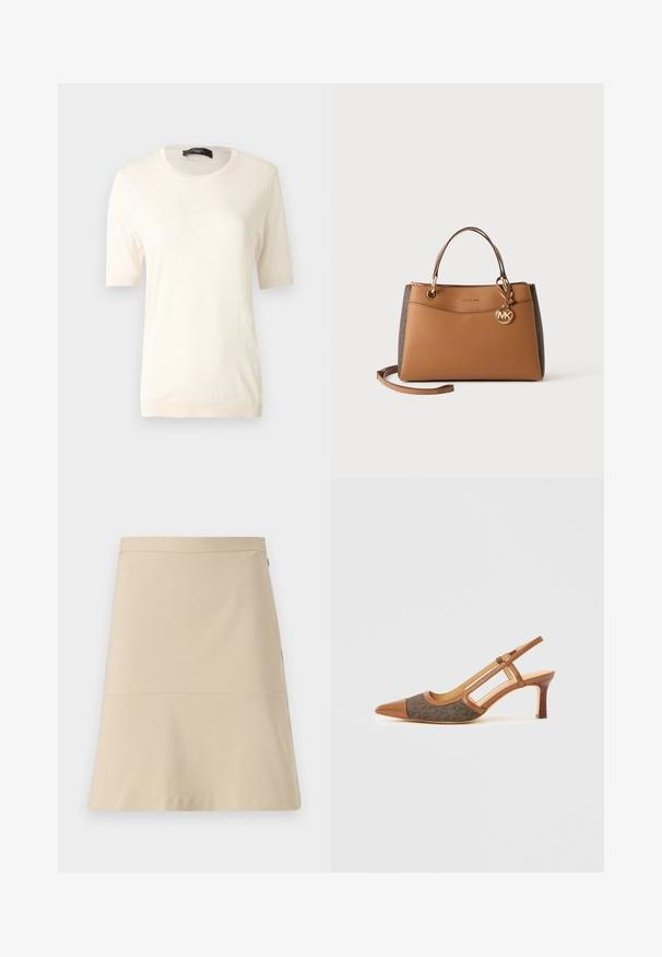 Haut en tricot crème à manches courtes avec un col rond, des poignets et un ourlet côtelés, présenté sur un fond gris uni.; Jupe beige à design évasé, texture lisse et détail de couture horizontale autour de la taille. Dispose d'une fermeture éclair sur le côté.; Chaussure slingback en cuir marron avec un bout pointu, présentant un panneau en tissu à motif foncé et un talon empilé. Côtés ouverts et texture lisse.; Sac à main Michael Kors marron avec double poignées, pendentif logo doré et bandoulière amovible sur fond uni.
