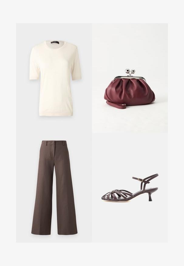 Haut en tricot crème à manches courtes avec un col rond, des poignets et un ourlet côtelés, présenté sur un fond gris uni.; Pantalons amples marron en tissu lisse ; dotés d'un devant plat, de passants de ceinture et de coutures verticales le long des jambes.; Sandale à talon kitten en cuir marron foncé avec lanières et bride de cheville réglable à boucle sur fond blanc.; Petit sac pochette en cuir bordeaux avec fermoir métallique argenté et bracelet sur fond blanc.