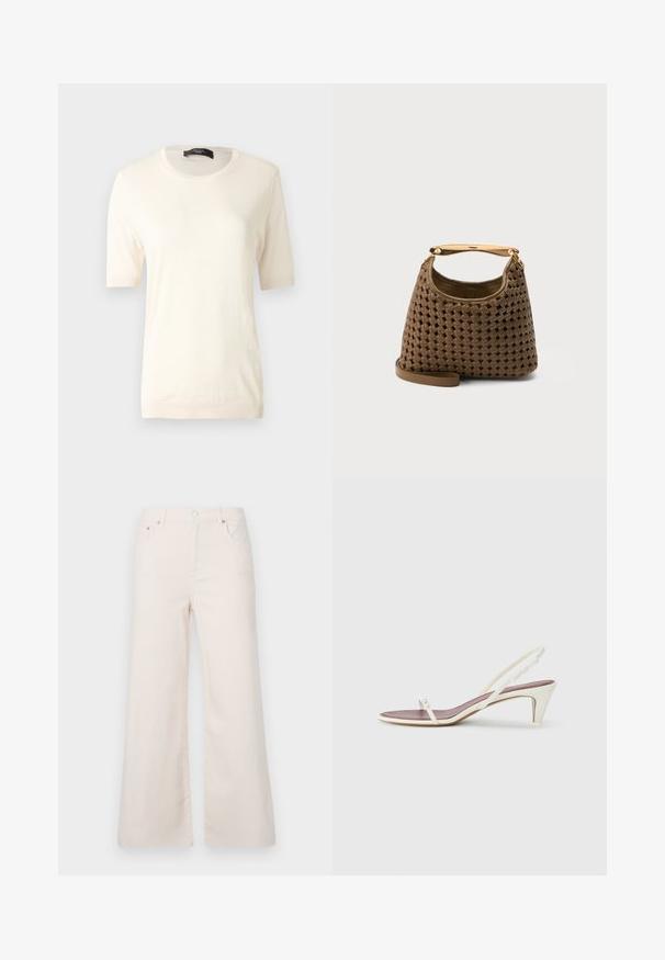 Gebreide top met korte mouwen in crème kleur, met een ronde halslijn, geribbelde boorden aan de mouwen en zoom, weergegeven tegen een effen grijze achtergrond.; Brede, lichtbeige denim broek met een hoge taille, vijf zakken en een sluiting met een knoop aan de voorkant. Soepele textuur, minimale stikdetails.; Witte slingback sandalen met een lichte hak, dunne banden en een gladde leren textuur; voorzien van een kleine decoratieve gesp.; Bruine gevlochten lederen handtas met gouden gebogen bovenhandvat en afneembare schouderriem op effen achtergrond.