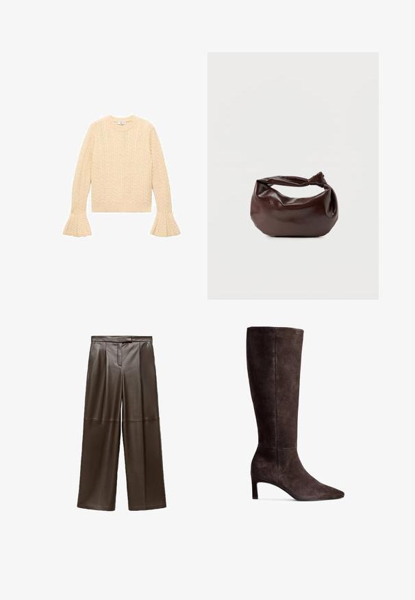 Cremefarvet strikket sweater med kabelmønster, rund hals og udvidede ærmer, lagt fladt på en hvid baggrund.; Brune læder brede bukser med en glat tekstur, der har folder foran og et klassisk taljebånddesign.; Brune ruskinds knæhøje støvler med spids tå og 3-tommer hæl. Glat tekstur, slank silhuet og minimalistisk design.; Mørkebrun læder skuldertaske med en blød, afslappet form og et snoet knudehåndtag på en ensartet hvid baggrund.