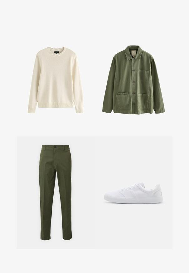 Flødefarvet langærmet strikket sweater med ribstrikket rund hals, ærmegab og kant, mærket størrelse medium fra mærket Next.; Olivengrøn knapjakke med krave, lange ærmer, én brystlomme og to nederste frontlommer.; Olivenfarvede bomuldsbukser med lige ben, der har en forreste knaplukning, sidelommer og minimale syninger.; Hvide lærreds sneakers med gummisål, der har seks snørehuller, en struktureret tåkap og et minimalistisk design.