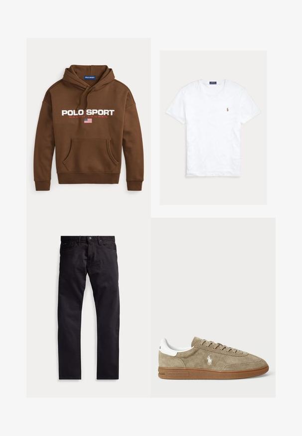 Hnedá mikina s kapucňou a predným vreckom, biely text "POLO SPORT", červený text "RALPH LAUREN" a malá vlajka USA pod logom.; Biele tričko s krátkym rukávom a okrúhlym výstrihom, s malým vyšitým logom Polo Ralph Lauren na ľavej strane hrude a modrou značkovou etiketu vo vnútri goliera.; Čierne nohavice s rovnými nohavicami, piatimi vreckami, zapínaním na gombíky a opaskovými pútkami, zobrazené na jednoduchom svetlom pozadí.; Semišové tenisky v béžovej farbe s bielymi detailmi, s okrúhlou špičkou a viazaním. Obsahujú embosované logo a gumovú podrážku pre lepšiu trakciu.