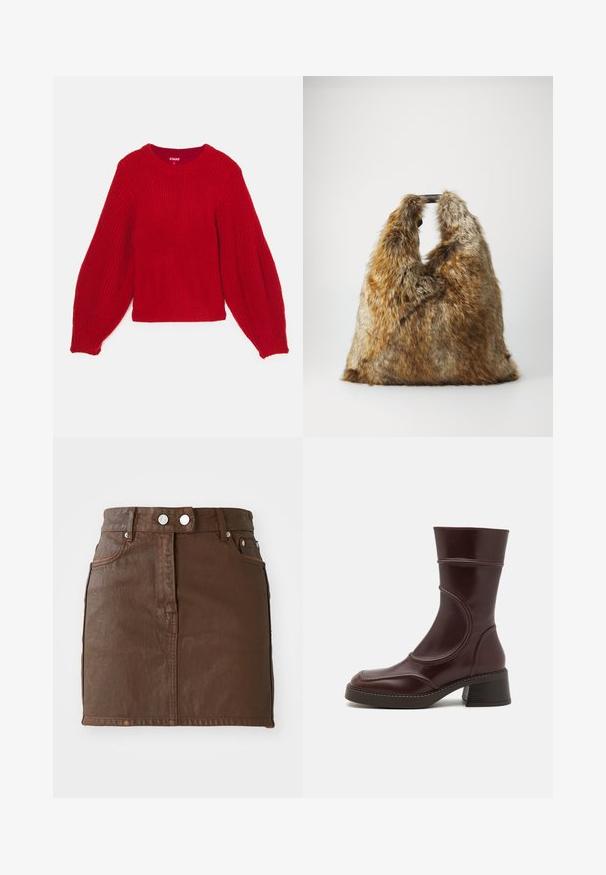 Pull en tricot rouge avec une texture côtelée, encolure ronde et manches bouffantes volumineuses. Longueur courte avec un ourlet en côtes ajusté.; Jupe en denim marron mini avec une taille haute, deux poches avant, des accents de boutons en argent et une texture lisse.; MIISTA MALENE - Bottines - brown; Sac à main en fausse fourrure marron et grise avec des poignées noires courtes, se tenant debout sur un fond blanc uni.