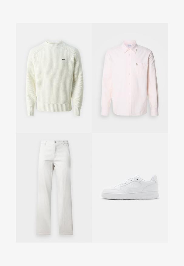 Pull en maille côtelée crème avec un col rond et des manches longues. Présente un petit logo vert sur la poitrine et un tissu texturé.; Chemise à rayures rose clair, à manches longues, avec col, poche poitrine et logo Lacoste vert sur le côté gauche de la poitrine.; Pantalon gris clair avec une coupe droite, fabriqué dans un tissu lisse, doté d'une fermeture à bouton à l'avant et de poches latérales.; Baskets en cuir blanc avec une boîte à orteils perforée, des lacets plats et un col rembourré. Présente un logo en relief sur le côté et une semelle en caoutchouc texturée.