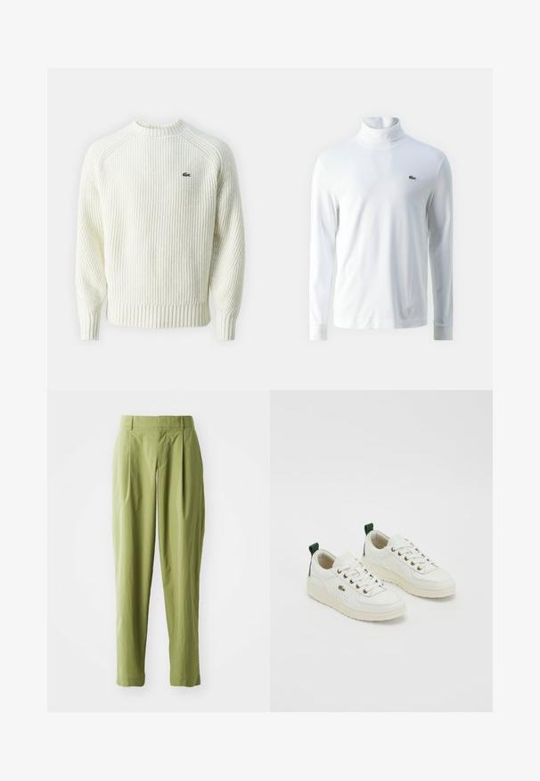 Cremefarbener, gerippter Strickpullover mit einem Rundhalsausschnitt und langen Ärmeln. Verfügt über ein kleines grünes Logo auf der Brust und eine strukturierte Stoffoberfläche.; Weißes Langarm-Turtleneck-Shirt aus weichem Stoff, mit einem kleinen grünen gestickten Logo auf der Brust und schmalen Bündchen.; Hellgrüne Hose aus einem strukturierten Stoff, mit geradem Schnitt, Falten an der Vorderseite und einem normalen Bund.; Weiße Ledersneaker mit grünen Akzenten, Schnürdesign, goldenen Ösen und strukturierten Paneelen. Dicke cremefarbene Gummisohle.