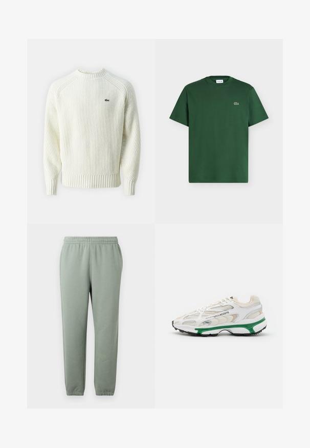 Pull en maille côtelée crème avec un col rond et des manches longues. Présente un petit logo vert sur la poitrine et un tissu texturé.; T-shirt en coton vert foncé à manches courtes, col rond, avec petit logo crocodile Lacoste sur le côté gauche de la poitrine.; Pantalons de survêtement vert clair avec une taille élastique, des jambes effilées et des ourlets de cheville côtelés. Fabriqués en tissu doux et léger.; Sneaker blanc avec accents verts et semelle en caoutchouc noir. Comprend des panneaux en mesh et en synthétique, avec une finition texturée et des coutures visibles.