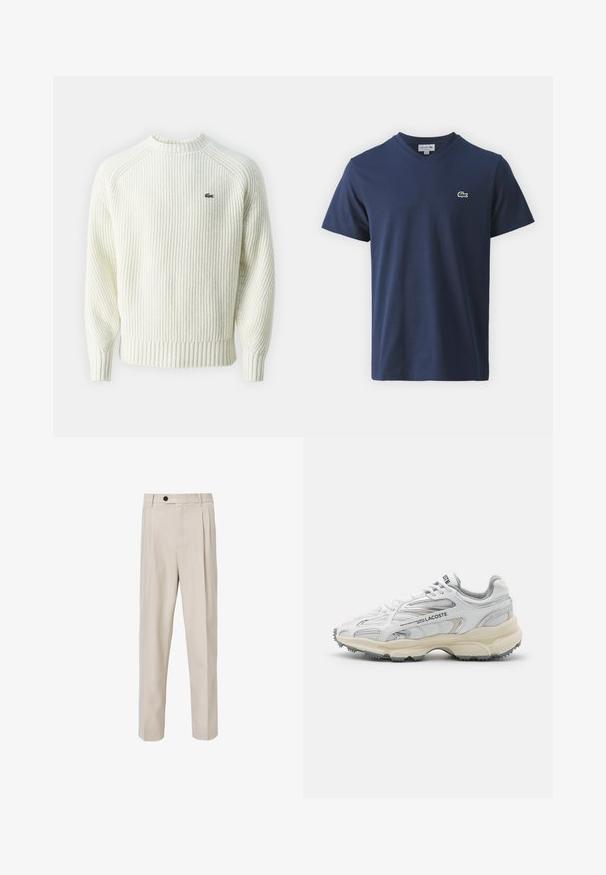Flødefarvet, ribstrikket sweater med rund hals og lange ærmer. Har en lille grøn logo på brystet og tekstureret stof.; Lille grønt broderet krokodillelogo med hvid kant og rødt øje på mørkeblå stofbaggrund.; Beige skræddersyede bukser med lige ben-design, der har frontplisseringer, knaplukning og en glat tekstur.; Hvide sportssko med grå detaljer, overdel i mesh og syntetiske materialer, snørebåndsdesign og tekstureret gummisål med grebemønstre.