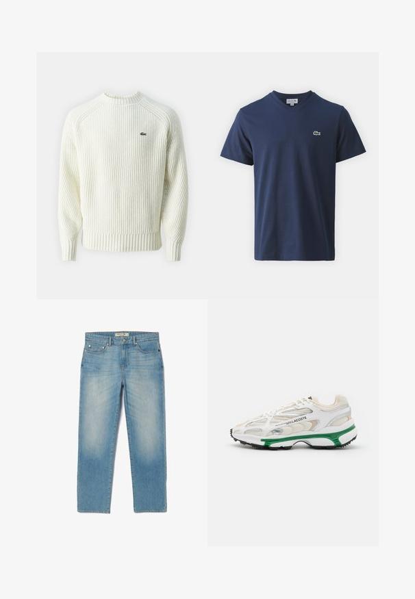 Pull en maille côtelée crème avec un col rond et des manches longues. Présente un petit logo vert sur la poitrine et un tissu texturé.; Petit logo crocodile vert brodé avec bordure blanche et œil rouge sur fond de tissu bleu foncé.; Jean en denim bleu clair au design droit, avec cinq poches et un délavage légèrement usé. Présente des accessoires en acier inoxydable et une étiquette de taille avec la marque.; Sneaker blanc avec accents verts et semelle en caoutchouc noir. Comprend des panneaux en mesh et en synthétique, avec une finition texturée et des coutures visibles.