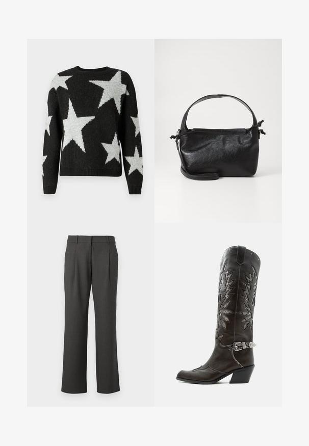ONLY Knitted ONLJESSICA Knitted - Pullover - black; Pantalons formels gris foncé avec des jambes droites, des passants de ceinture et des plis avant, présentés sur un fond blanc.; Botte de cowboy en cuir noir avec découpes décoratives, boucle argentée et talon incliné, présentée sur fond blanc.; Sac à main en cuir noir au design structuré, avec une poignée arrondie et une bandoulière amovible. Présente une texture lisse et un éclat subtil.