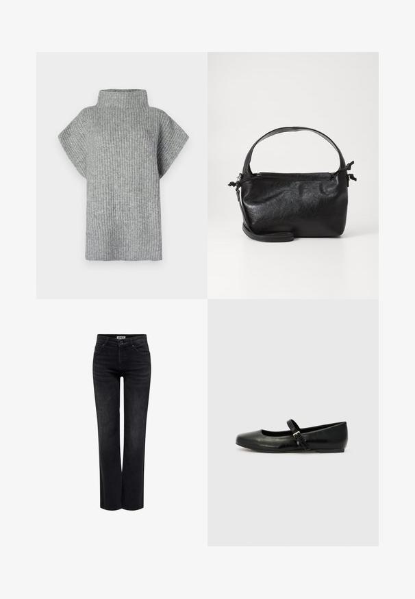Grauer gerippter Stricktop mit hohem Kragen, kurzen Ärmeln und lockerer Passform. Strukturierter Stoff mit horizontalen Streifen.; ONLY BLUSH MID STRAIGHT NOOS - Jeans Straight Leg - washed black; Schwarze Leder-Ballerinas mit einer runden Spitze, einer flachen Sohle und einem dünnen, verstellbaren Riemen über dem Spann mit einer Metallschnalle.; Schwarze Lederhandtasche mit strukturiertem Design, rundem Haltegriff und abnehmbarem Schulterriemen. Sie weist eine glatte Oberfläche und einen subtilen Glanz auf.