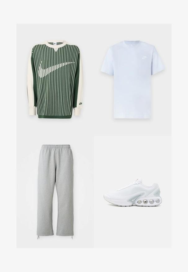 Zelený a krémový pletený sveter so zvislými pruhmi, s veľkým bielym logom Nike, rebrovanými manžetami a okrúhlym výstrihom.; Svetlomodré bavlnené tričko s krátkymi rukávmi, okrúhlym výstrihom a bielym logom Nike potlačeným na ľavej hrudi. Hladká textúra, jednoduchý dizajn.; Sivé tepláky s elastickým pásom, rovným strihom a šnúrkami na leme. Vyrobené z mäkkej, textúrovanej látky.; Biele sieťované tenisky s šedými akcentmi, zaoblenou špičkou a viditeľnou polstrovanou podrážkou s obvodovými vzduchovými vreckami a značkovým detailom.