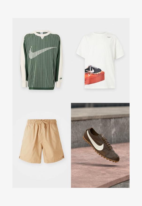 Zelený a krémový pletený sveter so zvislými pruhmi, s veľkým bielym logom Nike, rebrovanými manžetami a okrúhlym výstrihom.; Biele tričko s krátkym rukávom s potlačou čierneho futbalového kopačky Nike na opotrebovanej červenej škatuľke na obuv pri leme a malým logom pri výstrihu.; Béžové plavky s elastickým pásom a šnúrkou. Vyrobené z ľahkého materiálu, s bočnými vreckami a diskrétnym logom.; Hnedý bežecký topánka Nike s bielym logom Swoosh a gumovou podrážkou vznáša sa nad ružovým kamenným povrchom so sivým kamenným pozadím.