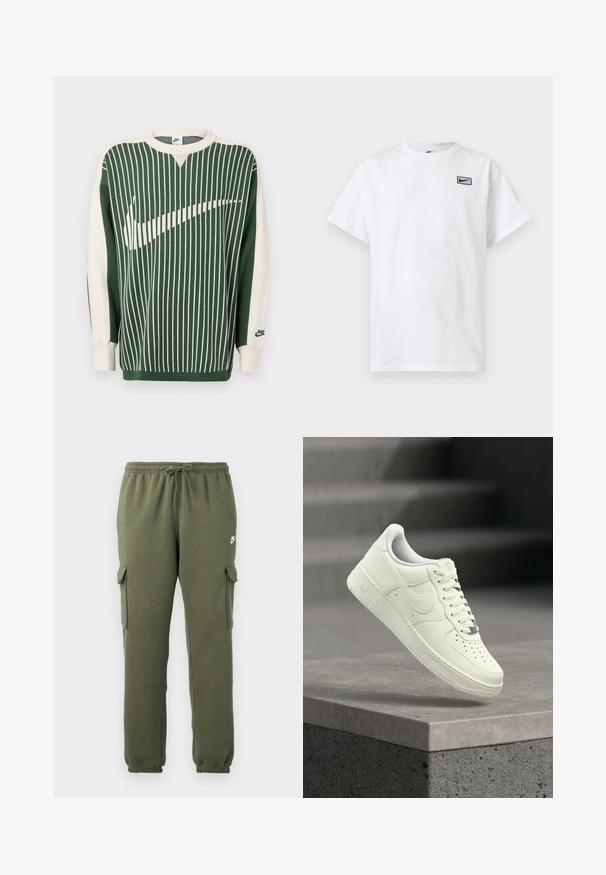 Grüner und cremefarbener Strickpullover mit vertikalen Streifen, große weiße Nike-Logo, gerippte Bündchen und Rundhalsausschnitt.; Weißes T-Shirt mit kurzen Ärmeln und Rundhalsausschnitt, mit kleinem schwarzem Nike Swoosh-Logo in einem Rechteck auf der linken Brust.; Olivgrüne Cargo-Hosen mit elastischem Bund, Kordelzugverschluss, Seitentaschen und logo auf dem Oberschenkel. Glattes Baumwollmischgewebe.; Weißer Ledersneaker mit niedrigem Profil, strukturierter Oberfläche, Perforationen an der Spitze und silbernen Akzenten an den Schnürsenkeln und dem Branding.