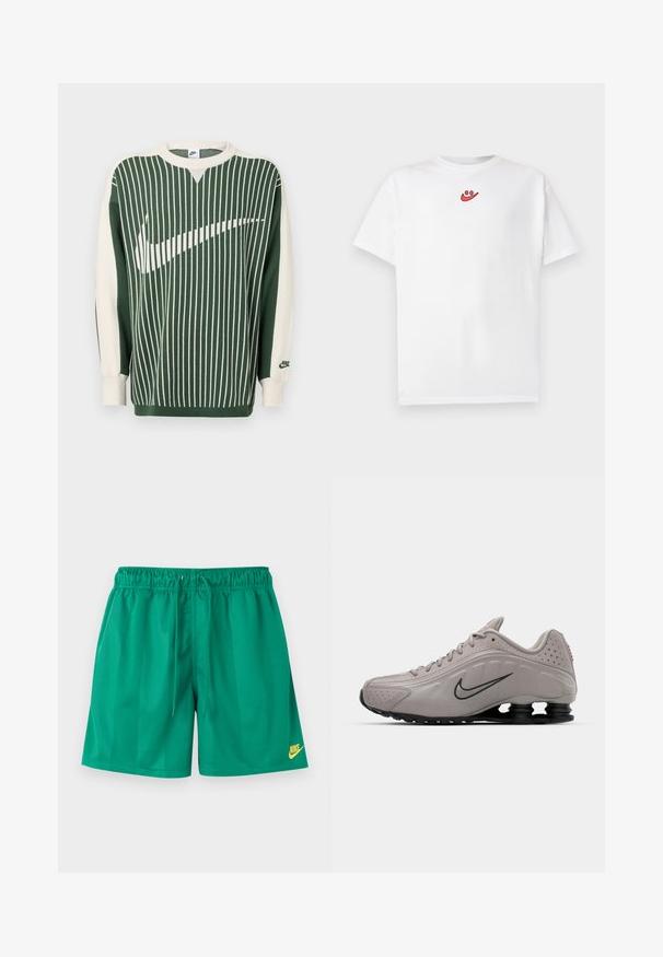 Suéter de punto verde y crema con rayas verticales, que presenta un gran logo blanco de Nike, puños acanalados y cuello redondo.; Camiseta blanca de manga corta con un pequeño logo de cara sonriente roja centrado cerca del escote en la parte delantera.; Pantalones cortos deportivos verdes con cintura elástica y cordón, con un pequeño logo amarillo de Nike en la parte inferior de la pierna derecha.; Zapatilla deportiva de color gris claro con una parte superior moldeada, acentos texturizados, suela negra y un prominente swoosh de Nike en gris oscuro. Presenta perforaciones.