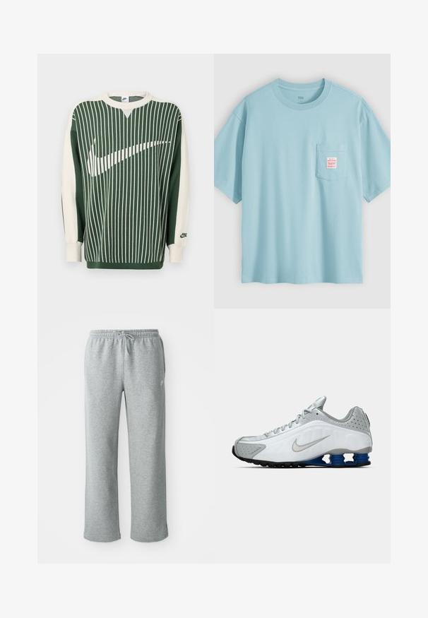 Grüner und cremefarbener Strickpullover mit vertikalen Streifen, große weiße Nike-Logo, gerippte Bündchen und Rundhalsausschnitt.; Hellblaues T-Shirt mit kurzen Ärmeln und einer Brusttasche vorne, die ein kleines rosa-weißes Etikett mit Text trägt.; Graue Sweatpants aus Baumwolle mit elastischem Bund, Kordelzugverschluss und geraden Beinen. Verfügt über ein kleines Logo auf der oberen linken Seite.; Weißer und grauer Nike-Laufschuh mit silberner Swoosh, blauen federartigen Sohlen und schwarzem Profil auf einem schlichten Hintergrund.