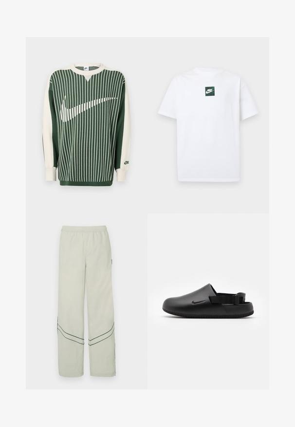 Pull tricoté vert et crème avec des rayures verticales, arborant un grand logo Nike blanc, des poignets côtelés et un col rond.; T-shirt Nike blanc à manches courtes avec un petit logo carré vert présentant le swoosh Nike et du texte centré sur la poitrine.; Pantalon ample vert clair avec une taille élastique, présentant des lignes diagonales vert foncé et un design simple. Tissu lisse et léger.; Sabots noirs moulés avec une texture lisse, une sangle à l'arrière pour la stabilité et une semelle à rainures pour l'adhérence. Présente un petit logo sur le côté.