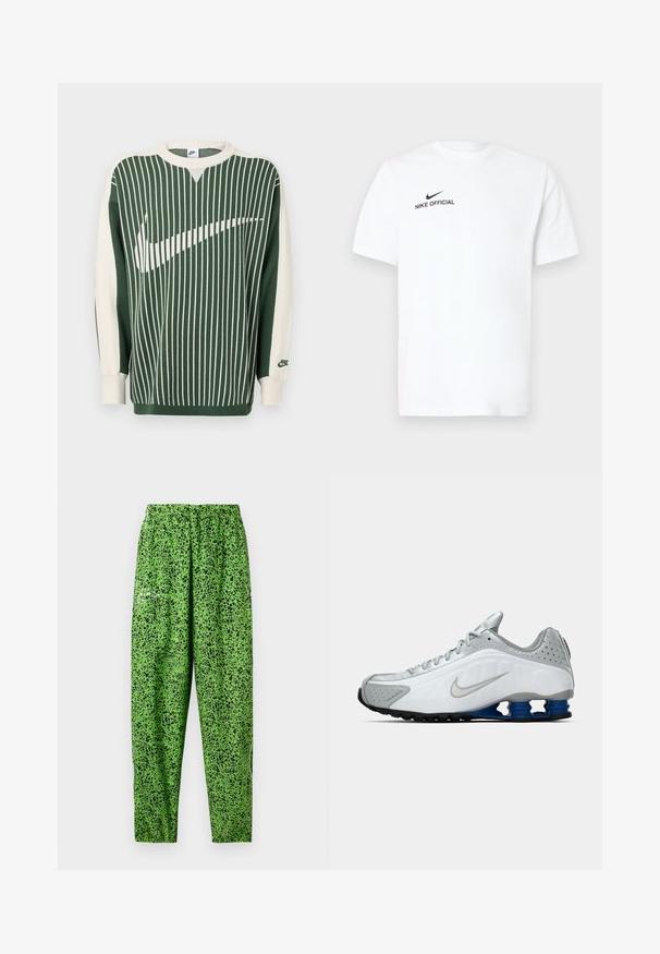 Zelený a krémový pletený sveter so zvislými pruhmi, s veľkým bielym logom Nike, rebrovanými manžetami a okrúhlym výstrihom.; Biele bavlnené tričko s krátkym rukávom. Na ľavej strane hrudníka je čierne logo "Nike Official" a čierny znak Swoosh.; Zelené nohavice z ľahkej tkaniny, s čiernym špicovým vzorom, elastickým pásom a voľným strihom.; Biele a šedé bežecké tenisky Nike so strieborným swooshom, modrými pružinovými podrážkami a čiernym dezénom na jednofarebnom pozadí.