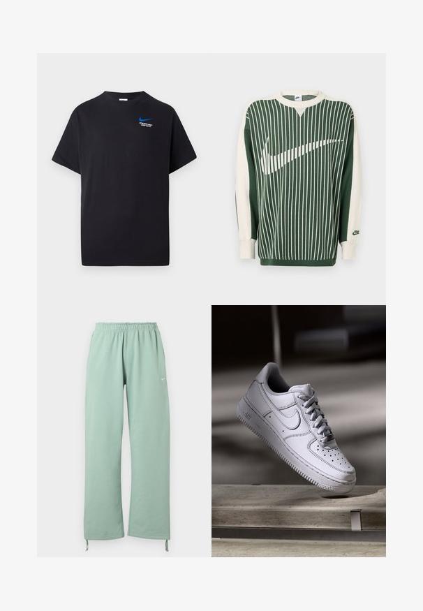 Roheline ja kreemjas sooniline kampsun vertikaalsete triipudega, millel on suur valge Nike'i logo, soonikkoes varrukaservad ja ümara kaelusega kaelus.; Must värvi lühikese varrukaga T-särk, millel on väike sinine Nike swoosh ja valge tekst "ATHLETIC DEPT JUST DO IT." vasakus ülanurgas.; Hele roheline laia lõikega dressipüksid elastse vöökohaga, vasakul reiel Nike logo ja reguleeritavad nöörid säärte ääres.; Valge nahast Nike Air Force 1 tennisejalanõu, millel on perforatsiooniga varvas, lamedad paelad ja tekstureeritud kummist tallaga, millel on küljele märgitud "AIR".