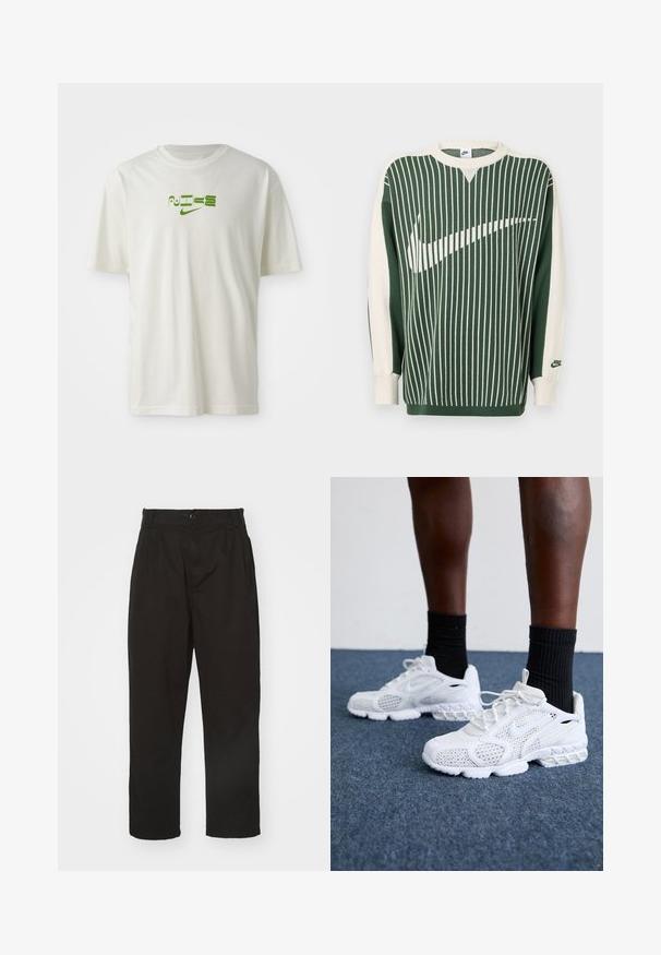 Zelený a krémový pletený sveter so zvislými pruhmi, s veľkým bielym logom Nike, rebrovanými manžetami a okrúhlym výstrihom.; Biele bavlnené tričko s zelenou grafickou potlačou so slovom "NIKE" a logom. Krátke rukávy a okrúhly výstrih. Hladký povrch.; Čierne nohavice vyrobené z hladkej látky, s gombíkovým zapínaním, rovného strihu a s dvoma prednými záhybmi pre pridanie detailu.; Biele športové topánky s priedušnou sieťovinou, textúrovanými akcentmi a polstrovanou podrážkou. Kombinované s čiernymi rebrovanými členkovými ponožkami na modrom kobercovom povrchu.