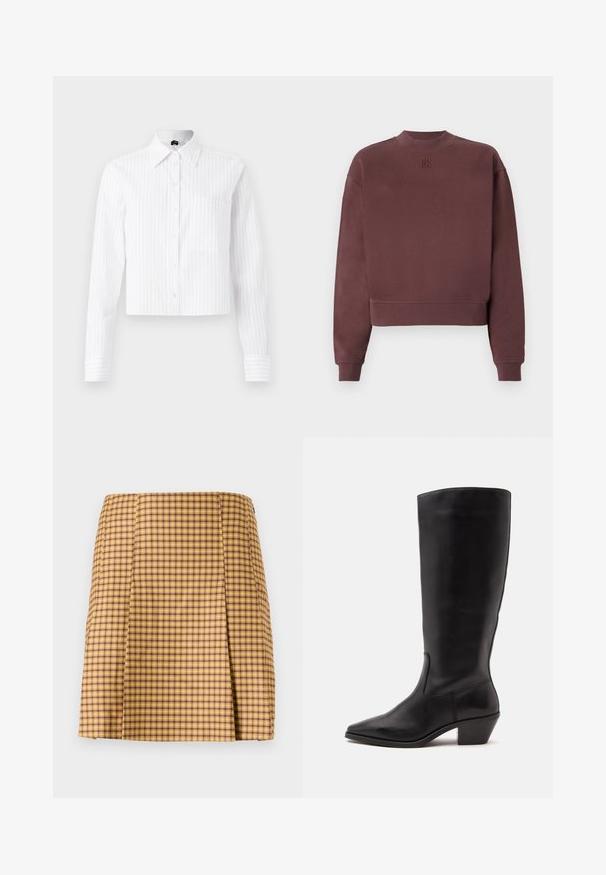 Bordeaux sweatshirt met een hoge hals en een cropped ontwerp. Gemaakt van zachte stof, met ribgebreide boorden en een reliëflogo op de borst.; Witte cropped button-up shirt met lichtblauwe verticale strepen, lange mouwen, één borstzak en klassieke kraag. Katoenmix stof.; Geel en paarse geblokte rok met een rechte snit, voorzien van een subtiele plooi aan de voorkant en een gladde textuur.; Zwarte leren laars tot half op de kuit met een puntige neus en een lage schuine hak op een effen lichte achtergrond.