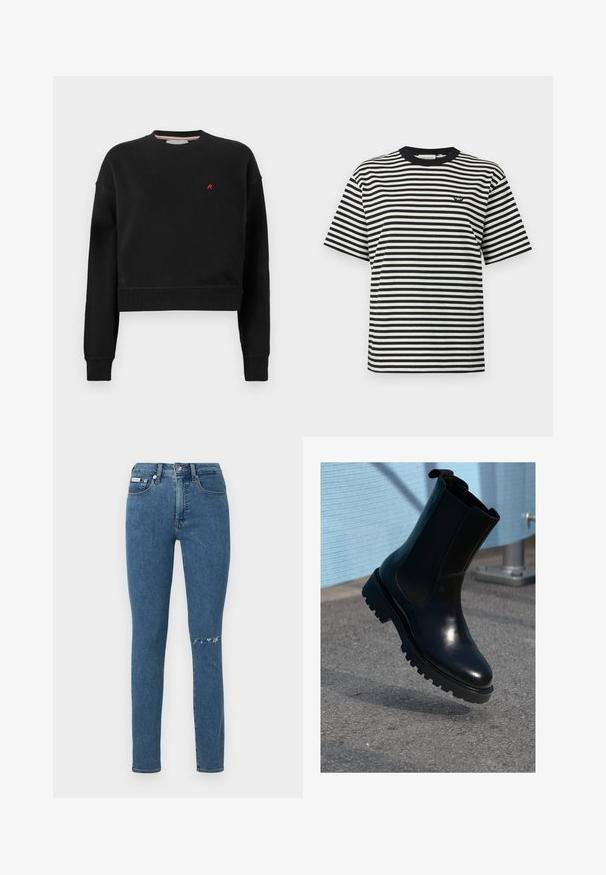 Zwarte cropped sweatshirt gemaakt van zachte stof met een ronde halslijn. Heeft lange mouwen en een klein rood 'R' logo op de borst.; Zwart-wit horizontaal gestreept shirt met korte mouwen, met een kleine zwarte logopatch op de linkerborst en een zwarte kraag.; Verbleekte blauwe denim jeans met een smalle pasvorm, voorzien van een gescheurd detail op de rechterknie en het klassieke ontwerp met vijf zakken.; Zwarte leren enkellaars met elastische zijpanelen, een afgeronde neus en een dikke, gestructureerde zool. Gladde afwerking met een minimalistisch design.