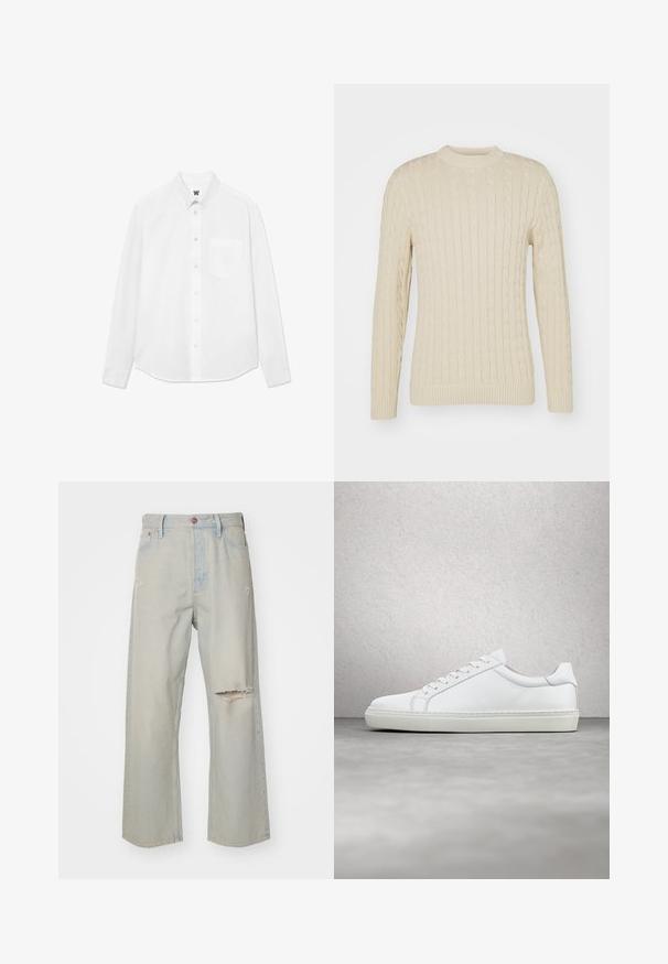Kabelstrikket sweater i lys creme. Har rund halsudskæring, lange ærmer, ribbede manchetter og kant, samt et struktureret overflademønster.; Hvid langærmet skjorte med knapper, krave, forlommer og subtil tekstur. Frontlukning har knapper og et lille logo-detalje.; Lyseblå denimjeans med en løs pasform, præget af slidte huller på fronten, en knaplukning og en falmet vask.; Hvide sneakers med en glat læderoverdel og lav profil. Har en rund tå, seks snørehuller og en tekstureret gummisål.