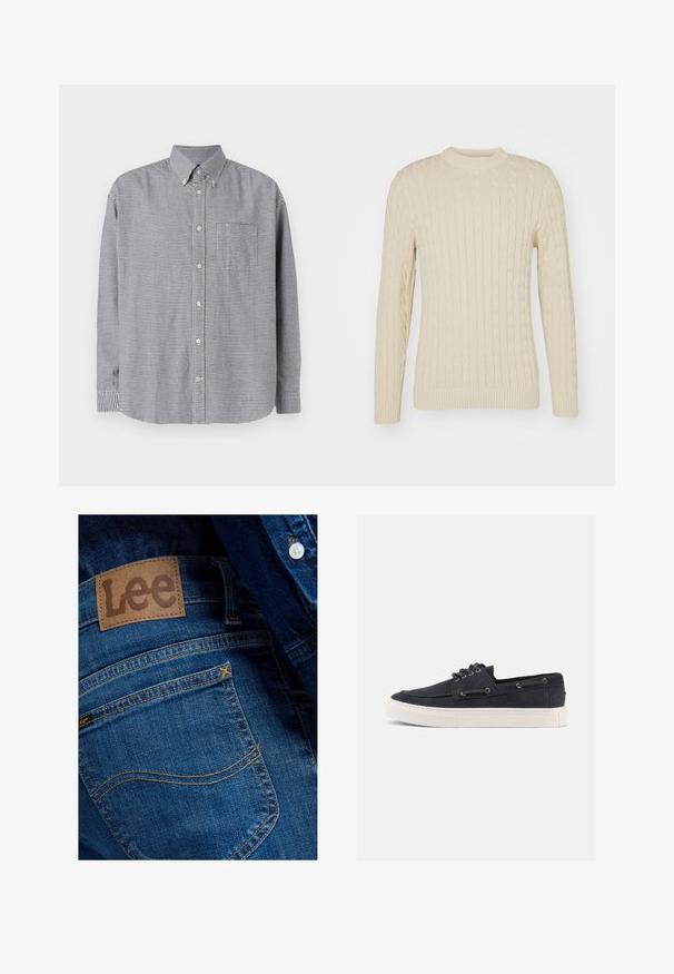 Suéter de punto de cable en color crema claro. Presenta cuello redondo, mangas largas, puños y dobladillo acanalados, con un patrón de superficie texturizado.; Camisa de botones de manga larga a cuadros en blanco y negro con cuello, un bolsillo en el pecho y dobladillo redondeado. Tejido de algodón, textura suave.; Primer plano del bolsillo trasero de unos vaqueros azules con etiqueta de cuero marrón de la marca Lee y detalles visibles de costura.; Zapatilla casual de ante azul marino con suela de goma blanca, cordones negros y ojales de metal, mostrada desde el lado derecho sobre un fondo liso.