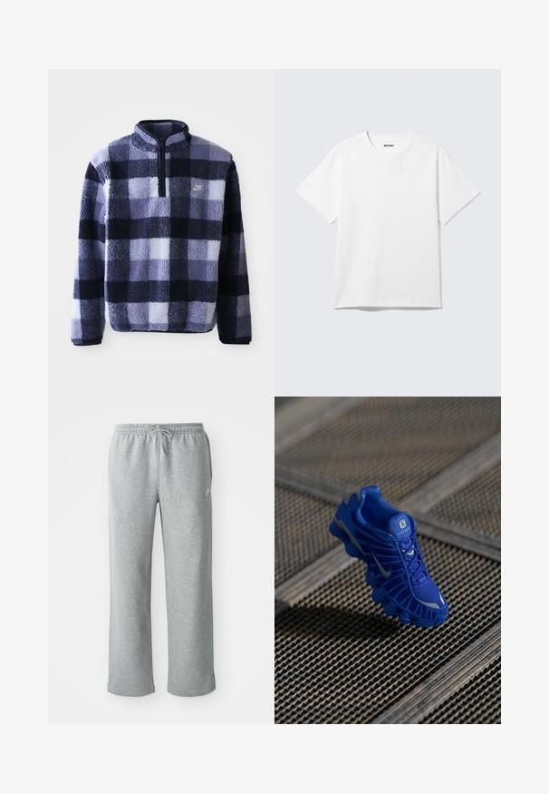 Pullu en polaire Nike bleu marine et à carreaux bleu clair. Doté d'une demi-fermeture éclair et d'un tissu doux et texturé. Petit logo sur la poitrine.; T-shirt blanc à manches courtes et col rond, étalé à plat, design uni, avec l'étiquette "WEEKDAY" à l'intérieur du col sur un fond clair.; Pantalons de survêtement en coton gris avec une taille élastique, fermeture à cordon et jambes droites. Comprend un petit logo sur le côté supérieur gauche.; Basket de sport bleue avec une tige en mesh, un design texturé et une semelle proéminente dotée d'éléments d'amorti distincts et d'accents réfléchissants.