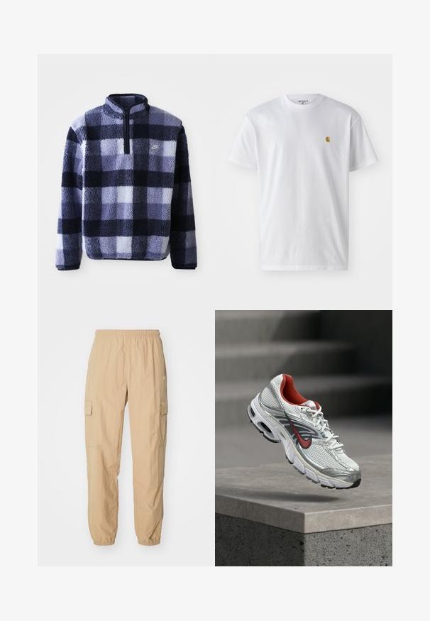 Nike Fleece-Pullover in Marineblau und hellblauem Karomuster. Verfügt über einen Halb-Reißverschluss und einen weichen, strukturierten Stoff. Kleines Logo auf der Brust.; Weißes Baumwoll-T-Shirt mit kurzen Ärmeln, Rundhalsausschnitt, mit einem kleinen goldenen Logo im linken Brustbereich. Weicher Stoff und normale Passform.; Beige Cargo-Hosen aus leichtem Stoff, mit einem elastischen Bund, zwei Seitentaschen und elastischen Bündchen an den Knöcheln.; Weißer und silberner Nike Laufschuh mit roten Akzenten, der über einer Betonbrüstung schwebt und seine Seiten- und Sohlen-Details zeigt.